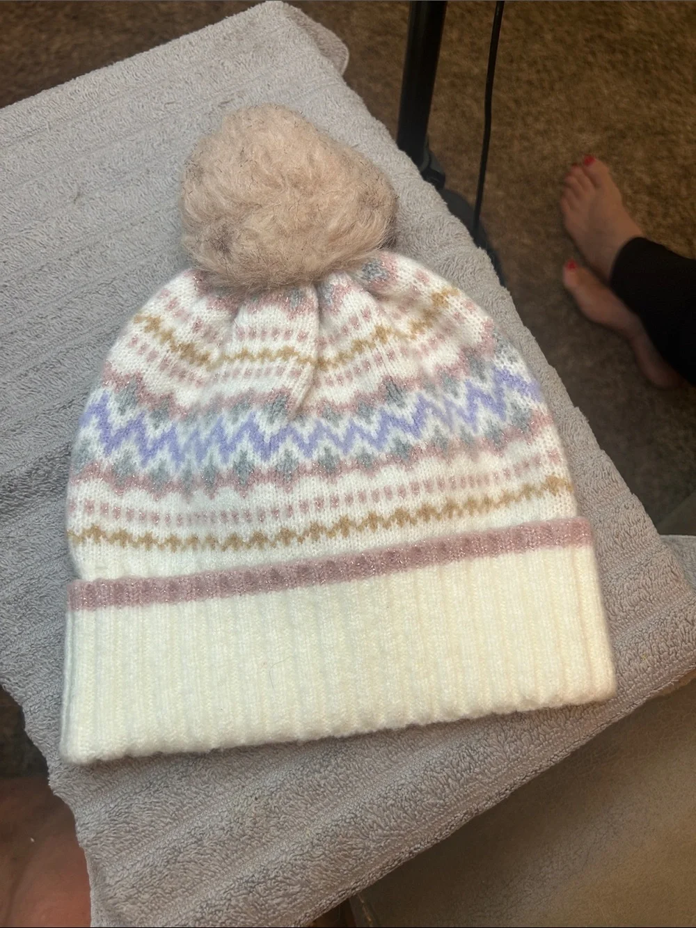 Cozy Kids Cream Pom-Pom Beanie with Pastel Fair Isle